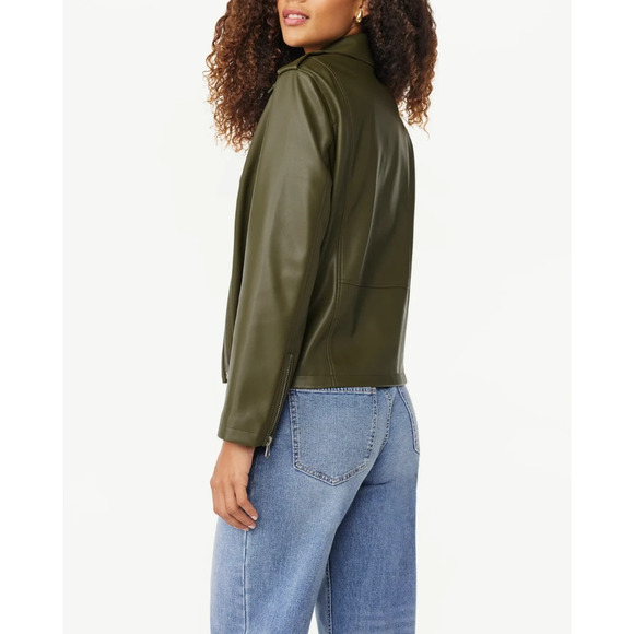 Scoop Womens Faux Leather Moto Jacket Asymmetrical Zip Olive Night Green Size L - Picture 4 of 7